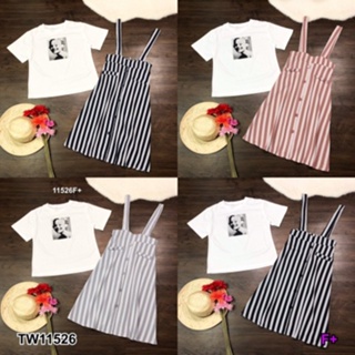 👗Pfashion [ส่งไว!!🚛] P11526 เอี๊ยมกระโปรงริ้ว + เสื้อยืดสกรีนลาย Striped bib skirt + screen-printed T-shirt