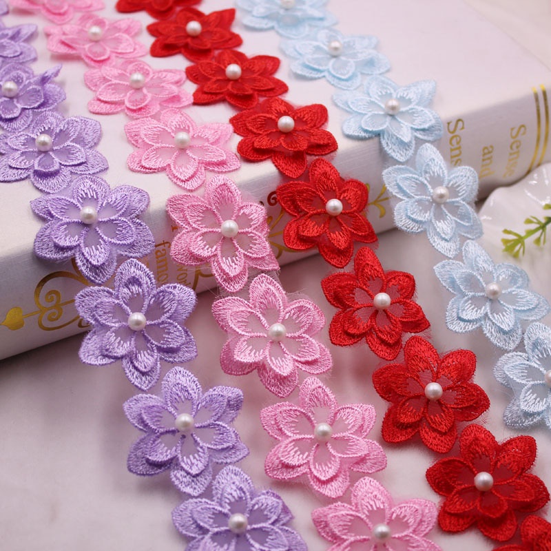 10PCS ดอกไม้ลูกปัดมุกปักดอกไม้ลูกไม้ริบบิ้น Trim ลูกปัด Fringe ลูกไม้ผ้า Handmade ชุดอุปกรณ์เย็บผ้า