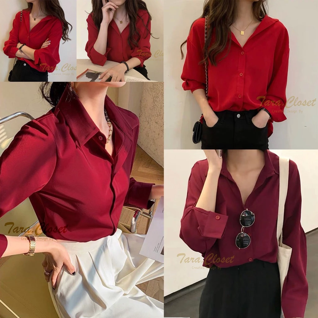 IT022 TARA Shirt Red เสื้อเชิ้ตคอปก แขนยาว สีแดง สีคลาสสิค ใส่ได้ตลอด ผ้าไหมอิตาลี ผ้าใส่สบาย ไม่ร้อน