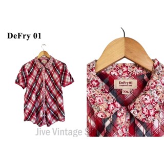 DeFry 01 ของแท้ เสื้อเชิ๊ต ผู้หญิง size XXL คอบัว แขนตุ๊กตา ผ้า cotton บางๆ ลายตาราง แต่ง pleated มือสอง สภาพดี