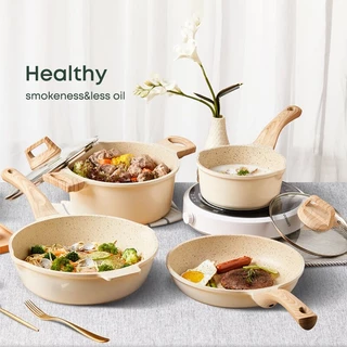 Ecowin หม้อนมหินไมฟานไม่ติด 16/18/20 ซม. หม้อนมไม่ติดด้ามจับไม้ยาว เหมาะสำหรับเตาทุกประเภท