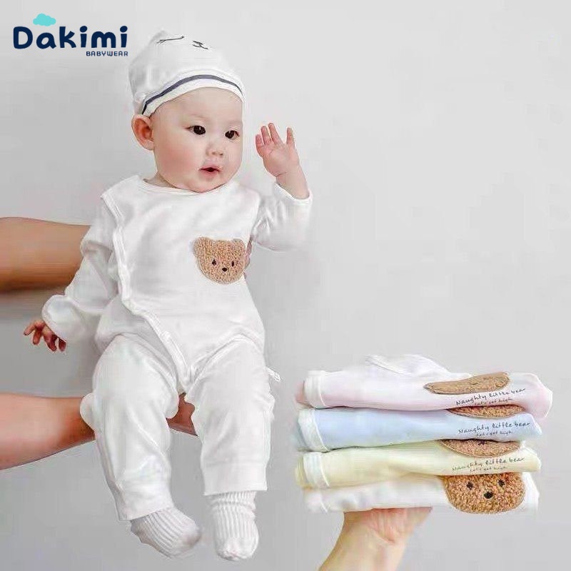 Dakimi BABYWEAR ชุดบอดี้สูทเด็กแขนยาวพร้อมวัสดุยางยืดน่ารัก Bear appliqué วัสดุยืดหยุ่นนุ่มและดูดซับเหงื่อ โมเดลเสื้อผ้าเด็กแรกเกิด
