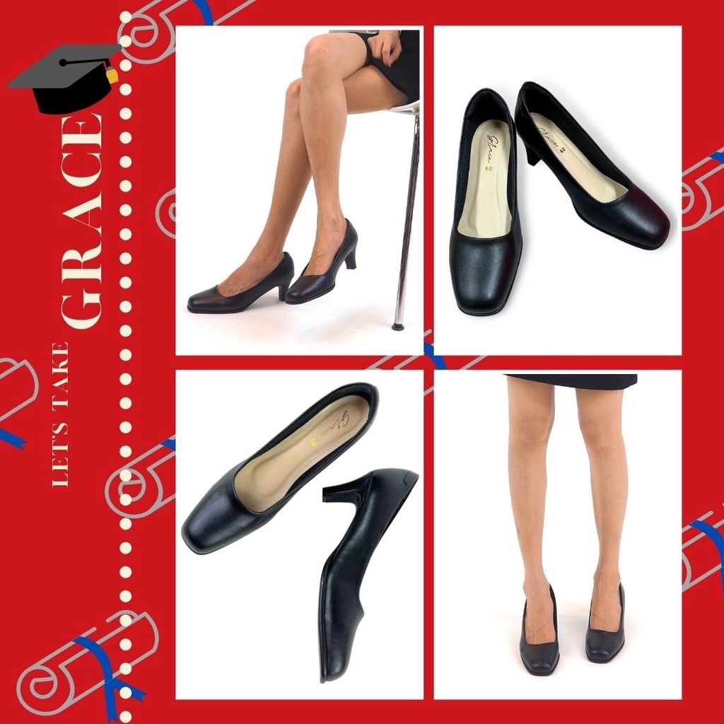 GRACEรองเท้าคัชชูส้นสูงผู้หญิง ดำ 2 นิ้ว&amp;2.5 นิ้ว รองเท้ารับปริญญา รองเท้านักศึกษา ราชการ  คัชชูผู้หญิง
