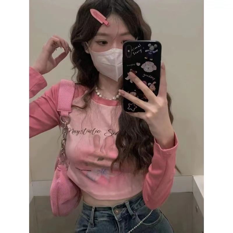 ใหม่ เสื้อยืด แขนยาว พิมพ์ลาย บล็อกสี ทรงสลิมฟิต สไตล์เกาหลี แฟชั่น สําหรับผู้หญิง