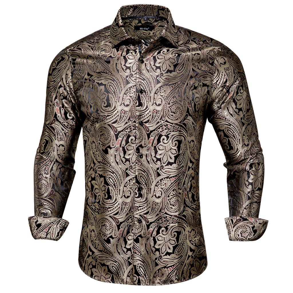 Hi-Tie High Quality Silk Mens Shirts Long Sleeve Black Brown Paisley Floral Shirt Slim Fit For Men Male Dress Jeans Suit #2