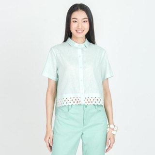 C&amp;D Linen Shirt เสื้อเชิ้ตตัวสั้นสีเขียว แต่งชายด้วยลูกไม้ ซี แอนด์ ดี (CU9LLR)