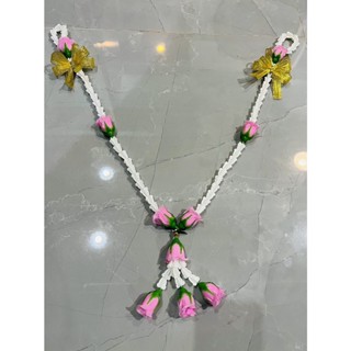 สายกั้นประตูเงินประตูทอง สีชมพู ผูกโบว์สีทอง สายกั้นงานแต่ง สายกั้นขันหมากสีชมะูผูกโบว์สีทอง