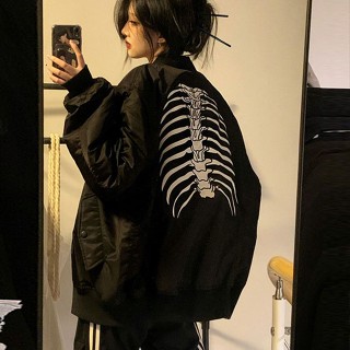 เสื้อแจ็คเก็ต🔖Skeleton เบสบอลชุดใหม่สไตล์อเมริกัน High Street Jacket คู่เสื้อ