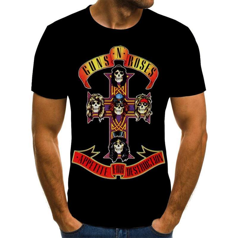 ใหม่แฟชั่น Punk T Guns N กุหลาบเสื้อยืดสีดำผู้ชาย Tshirt Heavy Metal Tops 3D Gun Rose พิมพ์ชุด Hip hop Tees