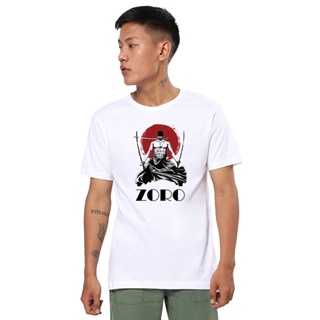 Mens White Anime Zoro Graphic Printed T-shirt เสื้อยืดสวยๆ เสื้อวินเทจชาย เสื้อผ้าแฟชั่น เสื้อยืด เสื้อยืดชาย