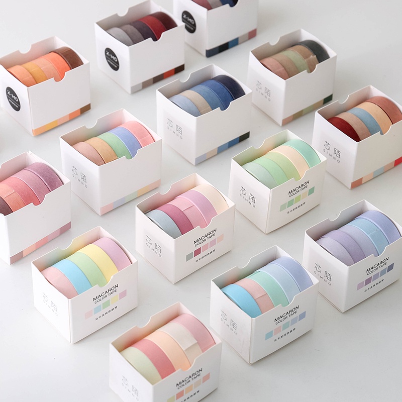 ชุดเทปกาววาชิ สีพื้น น่ารัก สําหรับตกแต่งสมุดภาพ เครื่องเขียนโรงเรียน 5 ม้วน ต่อกล่อง