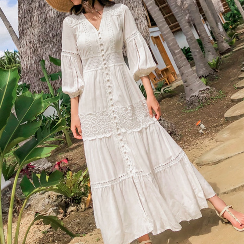Ordifree 2022 Boho Women Maxi Party Dress Single Breasted Sexy White Lace Cotton Tunic Long Beach Dress Summer Vocation #9