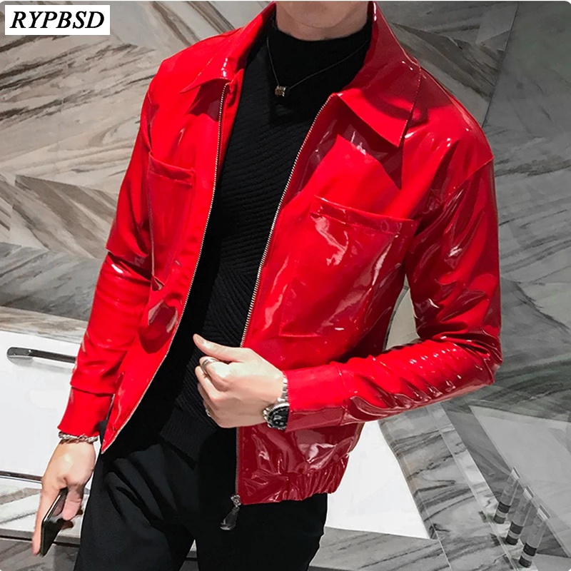 BShinny Leather Jacket for Men Punk Fashion Autumn Winter Red Black Singer Dance Club Party Stage Costume Men Bomber Coa