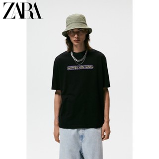 Zara ใหม่ผู้ชายเสื้อยืดแขนสั้นผ้าฝ้ายพิมพ์ลายตัวอักษรหลวม