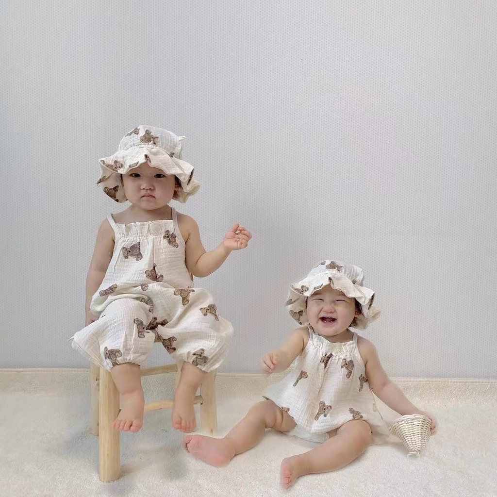 Bodysuits & Jumpsuits 190 บาท ชุดจั๊มสูทรอมเปอร์ ผ้าฝ้าย ลายหมีน่ารัก พร้อมหมวก แฟชั่นฤดูร้อน สไตล์เกาหลี สําหรับเด็ก Baby & Kids Fashion
