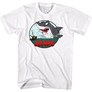 Illustrated Attack Jaws T-Shirt เสื้อตราหานคู่ เสื้อวินเทจผญ เสื้อสีขาว เสื้อยืดเปล่า