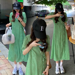 พร้อมส่ง 🍐 Mango dress เดรสตัวยาวแขนสั้นลายดอกสีเขียว (36867)