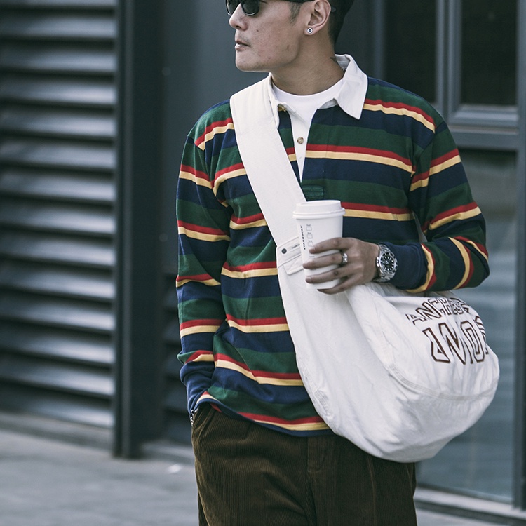 BNon Stock 290g Heavyweight Yarn-Dyed Stripe Long Sleeve Polo T-Shirt Top Men's IVY Vintage Casual Rugby Polo Shirts #4