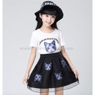 DT-082 ชุดเสื้อ+กระโปรงเด็ก ลายแมว Size-120 (5-6Y)