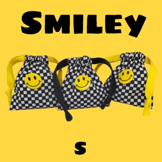 กระเป๋าผ้า ถุงผ้าหูรูด ลายตารางหมากรุกเล็ก Smiley Size S, M, L, XL,