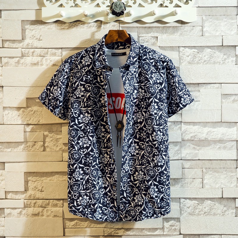 ﹉¤Hot Selling Men s Floral Shirt Thin Youth Fashion Hawaiian Style Short Sleeve Shirt C02 . เสื้อเชิ้ตแขนสั้นผู้ชาย #1