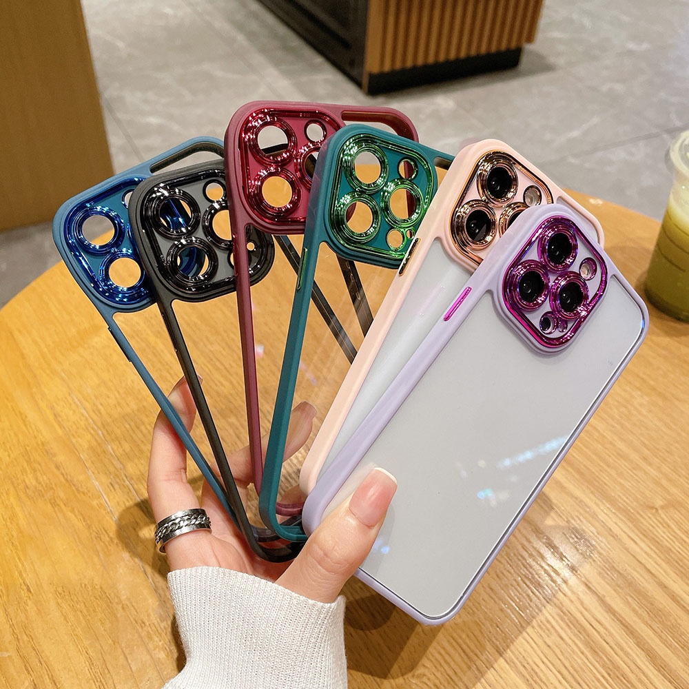 Soft TPU กันชนเคสโทรศัพท์สําหรับiPhone 15 14 Plus 13 12 11 Pro Maxเคลือบเลนส์ขอบอะคริลิคใสปกหลังT07
