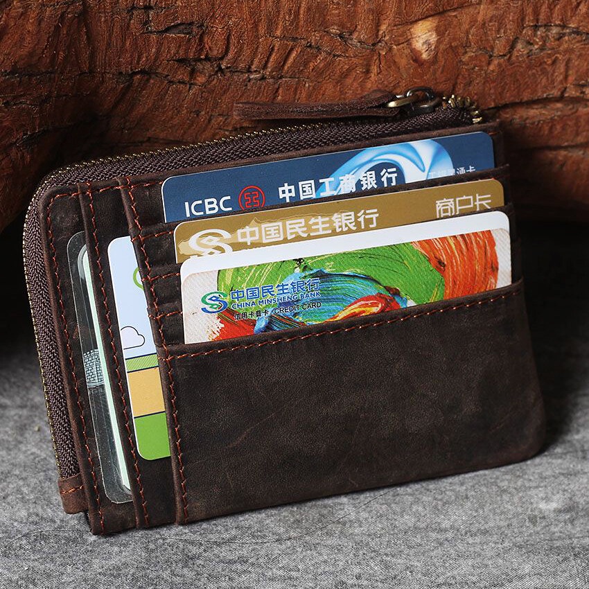 Handmade Vintage Crazy Horse Leather Mens Designer Wallet Slim Zipper Coin Bag Multi Card slots ID VIP Credit Card Holder Pocket Small Simple Portable Pouches