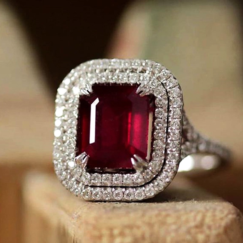 925 เงินสเตอร์ลิง Rose Red Cubic Zirconia งานแต่งงานแหวนผู้หญิงคุณภาพสูงเงินสีเครื่องประดับงานแต่งงานเจ้าสาวแหวน