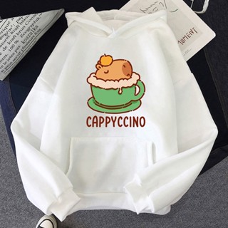 เสื้อกันหนาว คอกลม มีฮู้ด ลาย Kawaii Capybara In A Cappuccino Cup แฟชั่นฮาราจูกุ สไตล์วินเทจ สําหรับผู้หญิง และผู้ชาย