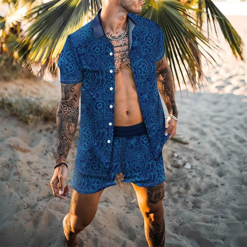ASummer Men Hawaiian Sets Blue Floral Printing Short Sleeve Button Shirt Beach Shorts  Two Set Casual Holiday Men's  #4