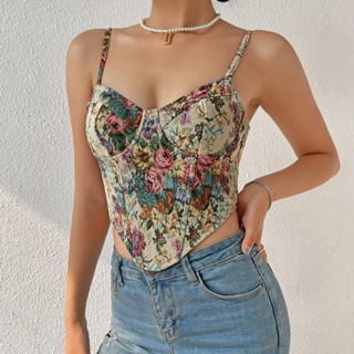 Popu-women Corset Camisole เสื้อแขนกุดลายดอกไม้วินเทจเสื้อกล้ามคลับเซ็กซี่ Bustier เสื้อครอปหญิง Streetwear