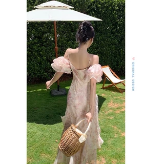 (Dress5-142)พร้อมส่ง Floral Dress เดรสผ้าชีฟอง สายเดียวเปิดไหล่มีแขนระบายๆ ผ้าพลิ้ว จั้มอก สวยน่ารักมากๆ เที่ยว ออกงาน