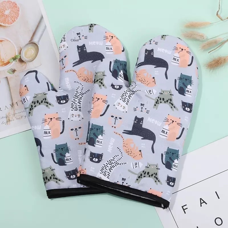 ถุงมือจับของร้อนเกรดAลายแมวสีเทาผลิตภัณฑ์จากcotton100%