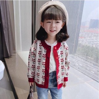 เสื้อกันหนาวเด็กผู้หญิงฤดูใบไม้ร่วงเสื้อโค้ทแบบบาง Retro Digital Jacquard Knit Cardigan