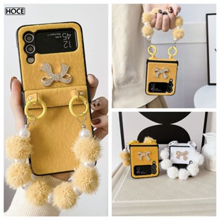 Hoce เคสโทรศัพท์มือถือ ผ้ากํามะหยี่ขนนิ่ม ประดับโบว์น่ารัก พร้อมสายโซ่คล้อง แบบพกพา สําหรับ Samsung Galaxy Z Flip 4 Z Flip 3 5G ZFlip3 ZFlip4