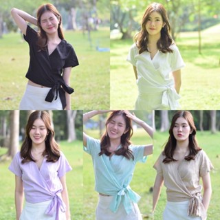 *ผ้าลินินLINEN*เสื้อ WRAP  TOP แขนสั้น ผูกเอว คอวีแขนสั้น,ผ้าลินิน,ผ้าลินินชบา