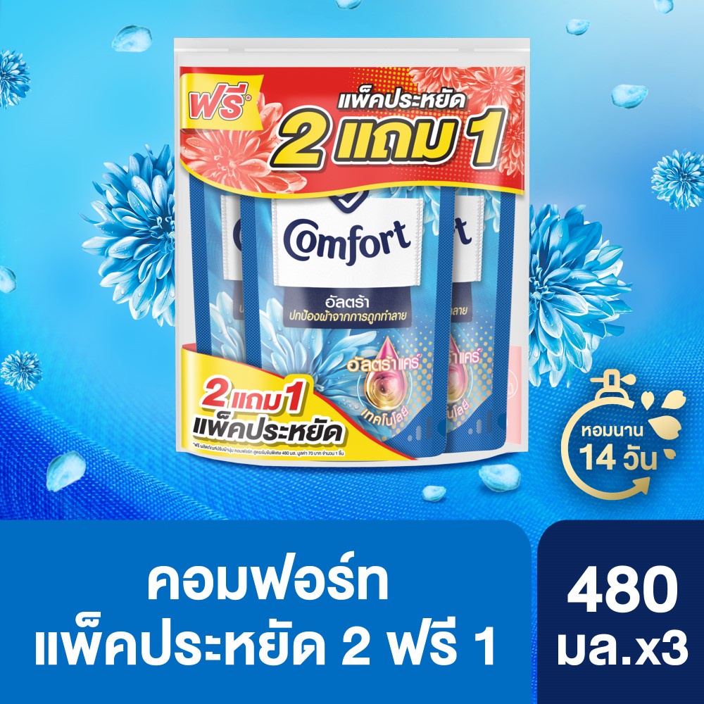 [2ฟรี1] คอมฟอร์ท อัลตร้า น้ำยาปรับผ้านุ่ม สีฟ้า 480มล. x3 Comfort Ultra Fabric Softener Blue 480ml