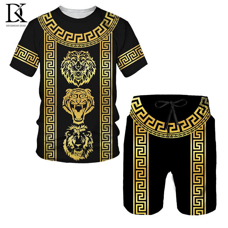 ใหม่ ชุดวอร์ม เสื้อยืดลําลอง แขนสั้น พิมพ์ลายหัวสิงโต 3d สีทอง แฟชั่นฤดูร้อน สําหรับผู้ชาย สองชิ้น
