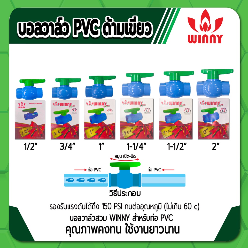 WINNY EXTRA บอลวาล์ว PVC แบบสวม ด้ามเขียว บอลวาล์วพีวีซี ขนาด 1/2