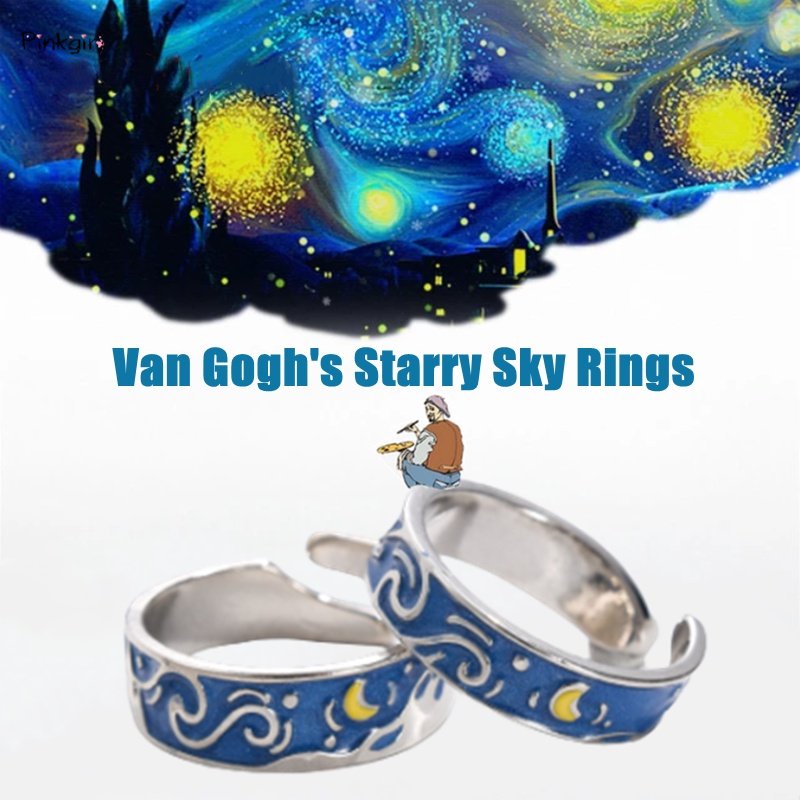 Van Gogh's Starry Sky แหวนคู่รัก แบบเปิด ปรับได้ เครื่องประดับแฟชั่น เรียบง่าย นิรันดร์รัก โรแมนติก สําหรับทุกเพศ