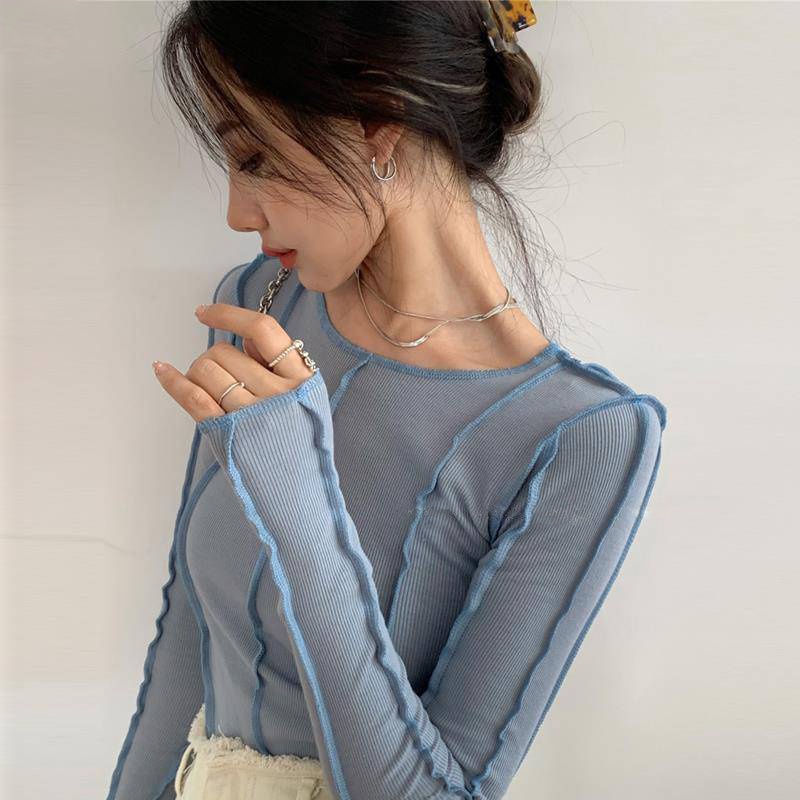 เสื้อยืด คอกลม แขนยาว ประดับด้วยเส้น หรูหรา สําหรับผู้หญิง