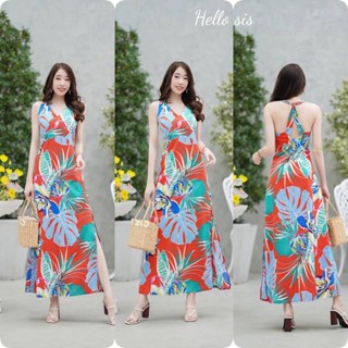 Maxi dress คอวีลายใบไม้สุดชิค ตัดต่อช่วงใต้อก สายไขว้ด้านหลัง ผ่าด้านข้าง 1 ข้าง /มีซิปซ่อนด้านข้าง/ มีซับใน