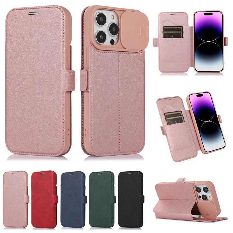 ใหม่ เคสโทรศัพท์มือถือหนัง ฝาพับ ป้องกันเลนส์กล้อง สีโรสโกลด์ พร้อมช่องใส่บัตร สําหรับ IPhone 15 14 Plus 13 12 11 Pro Max