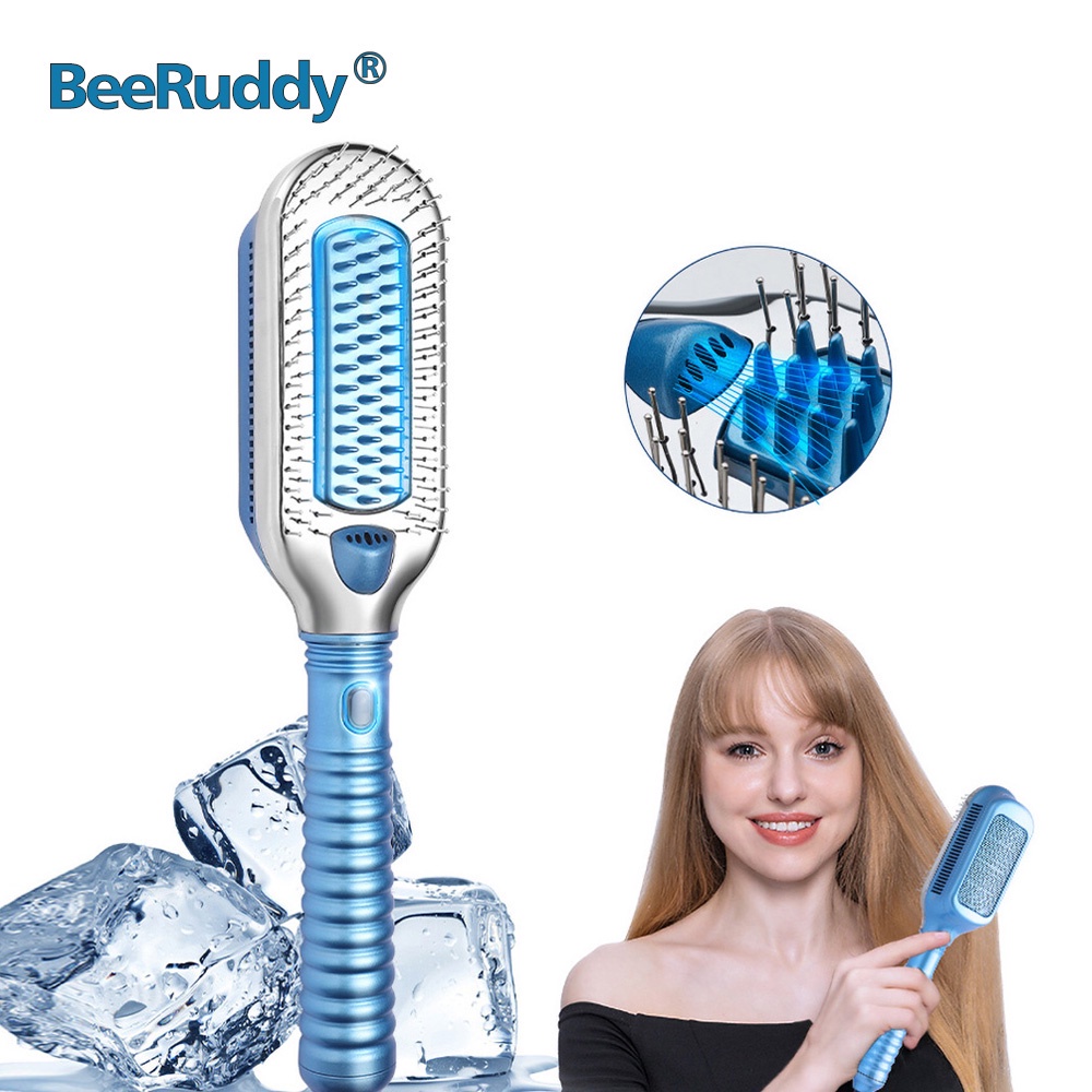 BeeRuddy Hair Straightener Brush Ice Therapy Negative Ion Cold Wind Comb Heatless Brush For Wet