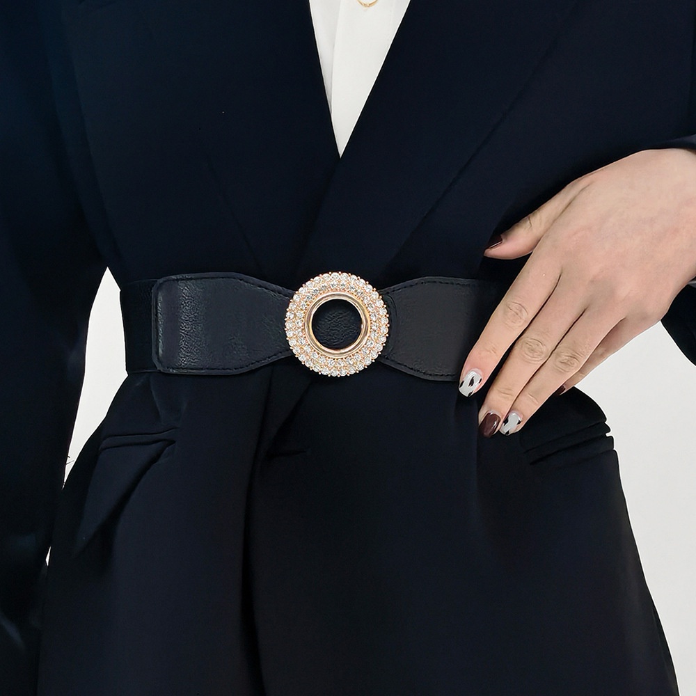 ผู้หญิงฝังเพชรรอบหัวเข็มขัดเข็มขัดหนังกว้างยืดหยุ่นยืดแฟชั่นเข็มขัดเอว - รูปที่ 2