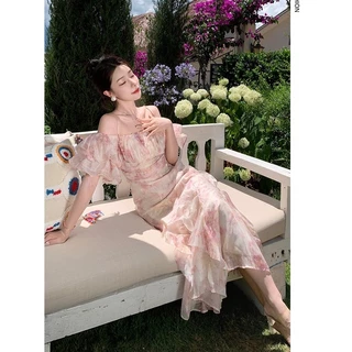 (Dress5-142)พร้อมส่ง Floral Dress เดรสผ้าชีฟอง สายเดียวเปิดไหล่มีแขนระบายๆ ผ้าพลิ้ว จั้มอก สวยน่ารักมากๆ เที่ยว ออกงาน