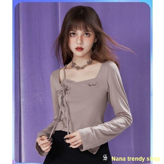 ระเบิดเงิน⚽⚡สีกากี Pure Desire Strap Slim Fake Two Pieces Square Neck Top Women s Irregular Short T-Shirt