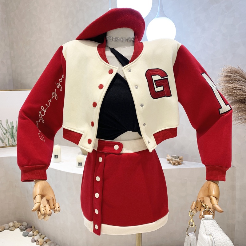 Red Embroidered Letter Coat Short Bomber Jackets Patchwork Contrast Mini Black Skirt Sets Autumn 2022 Casual 2piece Trac