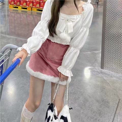 Frill Faux Fur Corduroy Mini A-Line Skirt Korean Style Women High Waist Kawaii Cute Sexy Shorts Skirts y2k jk harajuku s #2