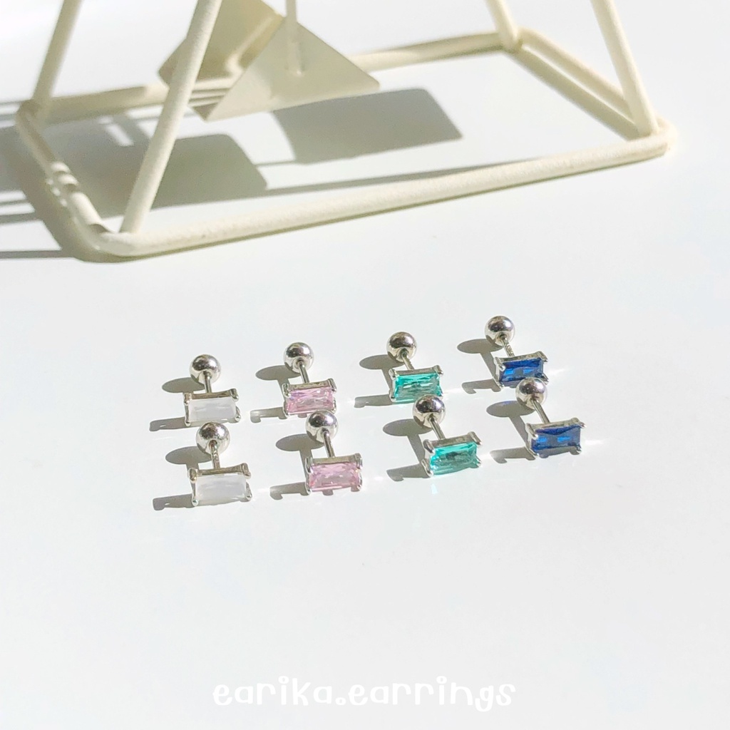 earika.earrings - gem square piercing จิวหูเงินแท้จี้เพชรทรงสี่เหลี่ยม เหมาะสำหรับคนแพ้ง่าย